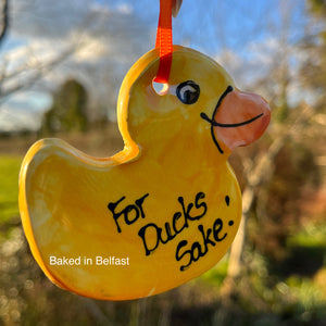 For Ducks Sake!  Handmade Ceramic hanging yellow rubber duck