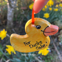 Load image into Gallery viewer, For Ducks Sake!  Handmade Ceramic hanging yellow rubber duck