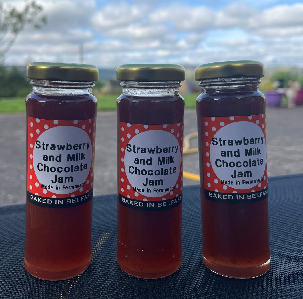 Strawberry & Milk Chocolate Jam, three jars