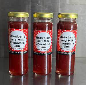 Strawberry & Milk Chocolate Jam, three jars